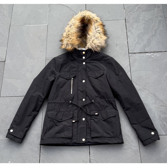 Topshop Hooded Jacket‎ Womens Size 6 with Detachable Faux Fur Trim, Black - Picture 1 of 6